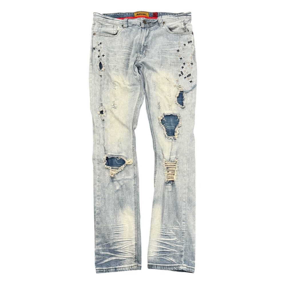 Makobi Mens Distressed Light Wash Embroidered Cross Jeans Size 36x34 Streetwear